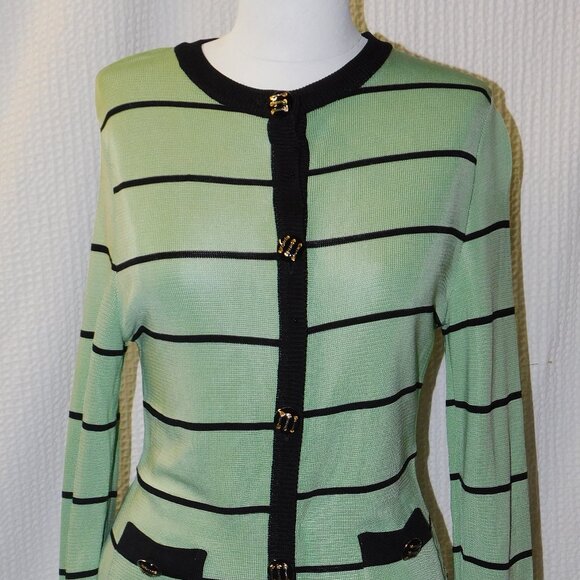 6581 Tailored Vintage CACHE'  Mint Green Knit Cardi  w Black Detail Sz. 35" bust - Picture 1 of 7
